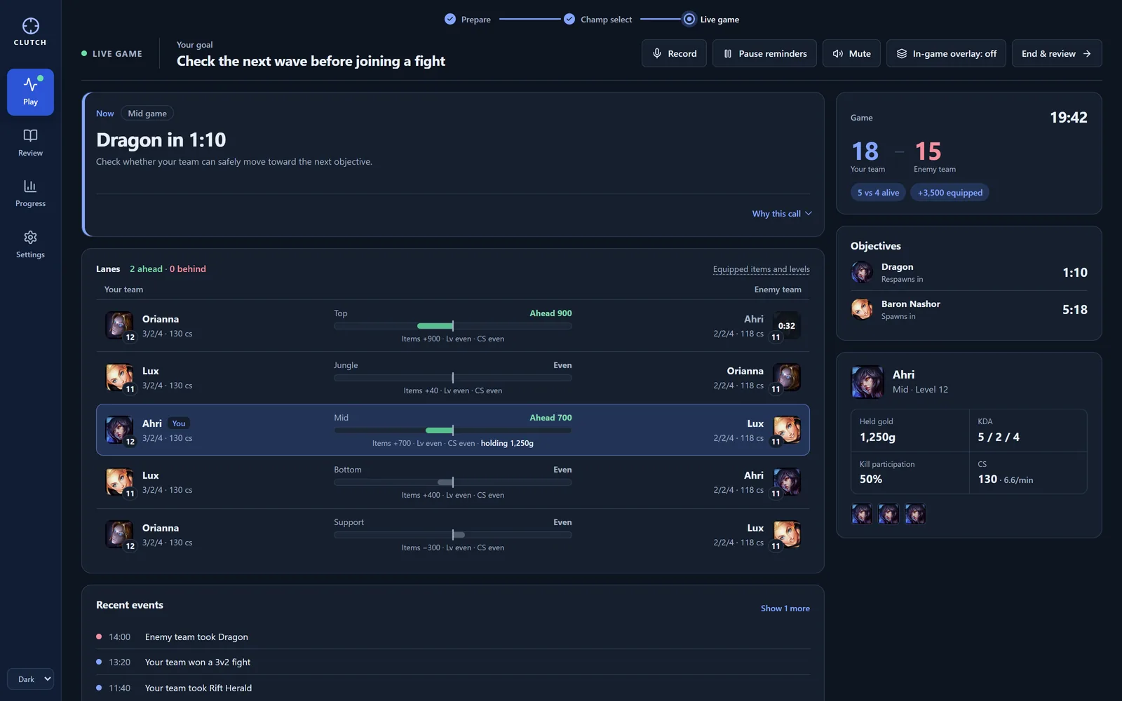 Clutch's live game view: your goal at the top, the current call, lane comparisons, objective timers and your own stats.