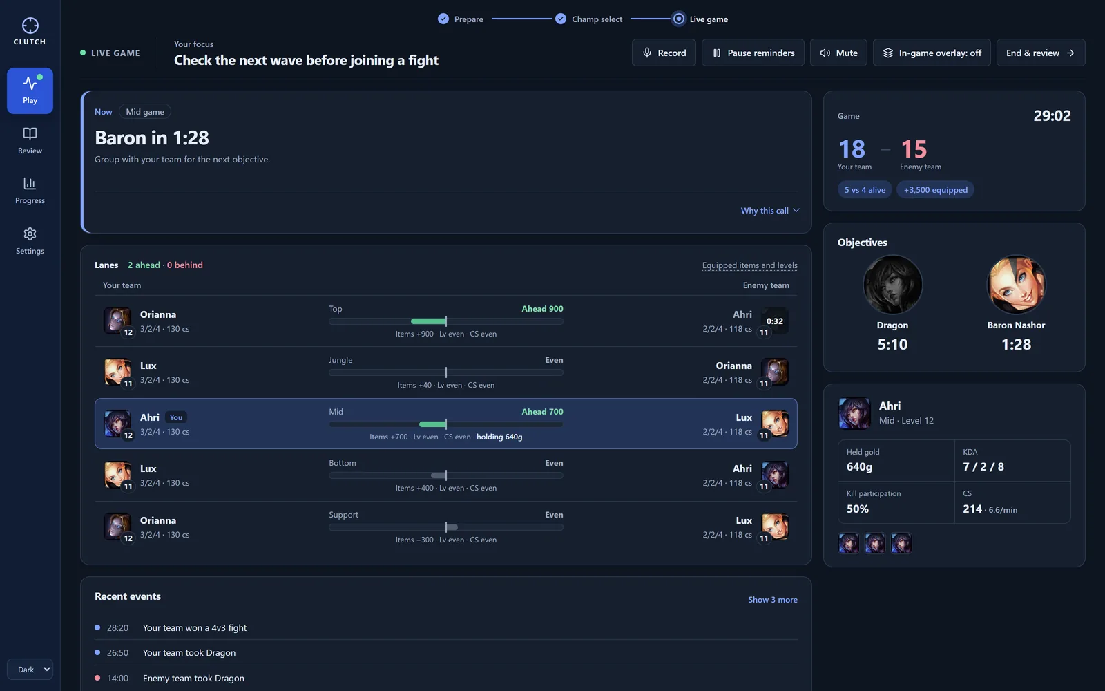 Clutch's live view 29 minutes in: your focus at the top, a Baron in 1:28 call, lanes against each enemy lane, objective timers and recent events.