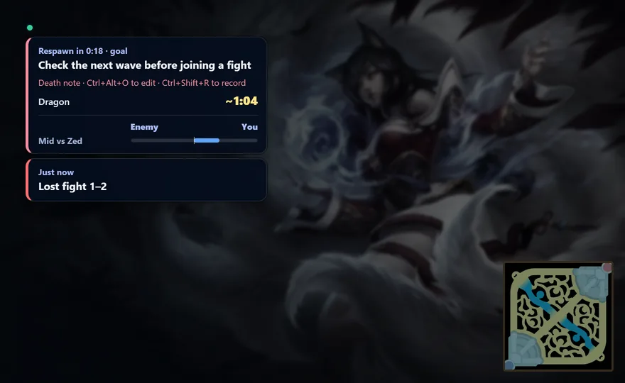 The overlay while dead: respawn in 18 seconds with the goal, a death note prompt with its shortcuts, the next Dragon timer and the lane bar, and a Just now card reading lost fight 1 to 2.