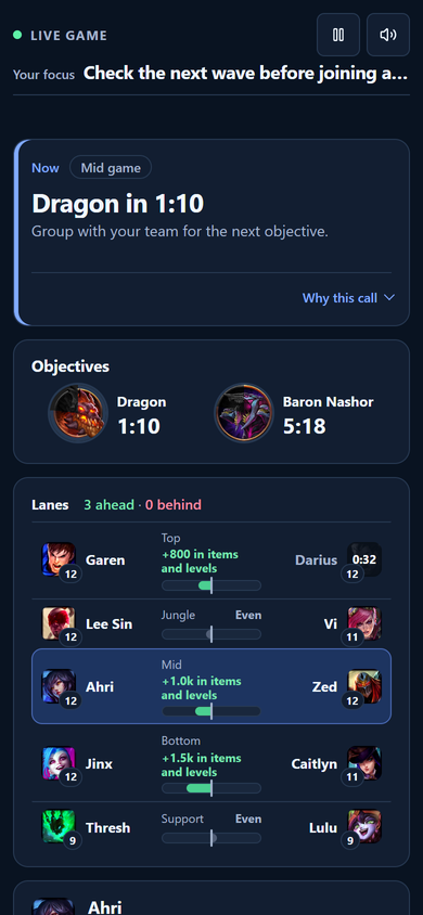Clutch's Phone or tablet screen on a phone held upright: your focus at the top, a Dragon in 1:10 Now call, Dragon and Baron Nashor timers, and each lane against the enemy lane.