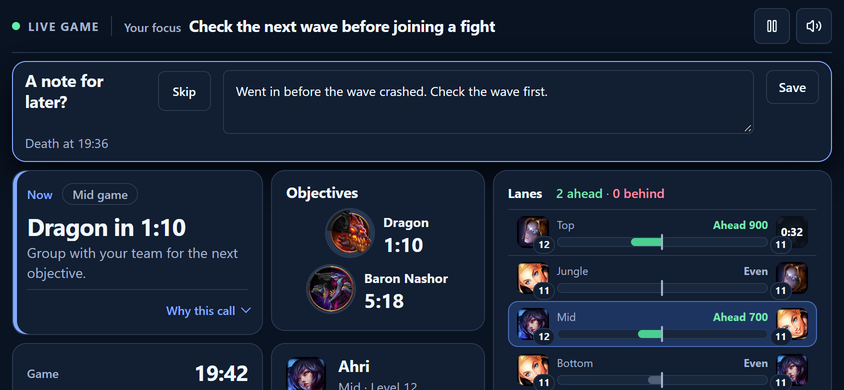 Clutch's Phone or tablet screen on a phone turned sideways: a Post-Death Reflection being written after a death at 19:36, with the Dragon in 1:10 Now call, Dragon and Baron Nashor timers and the lanes below it.