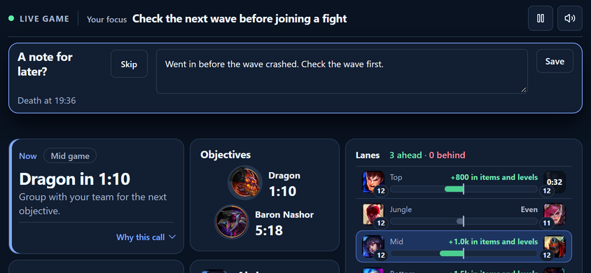 Clutch's Phone or tablet screen on a phone turned sideways: a Post-Death Reflection being written after a death at 19:36, with the Dragon in 1:10 Now call, Dragon and Baron Nashor timers and the lanes below it.