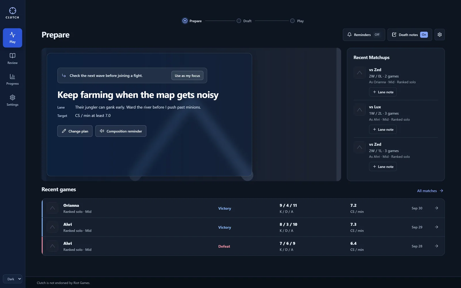 Clutch's Prepare screen: one focus for the next game, the plan behind it, and recent matchups.